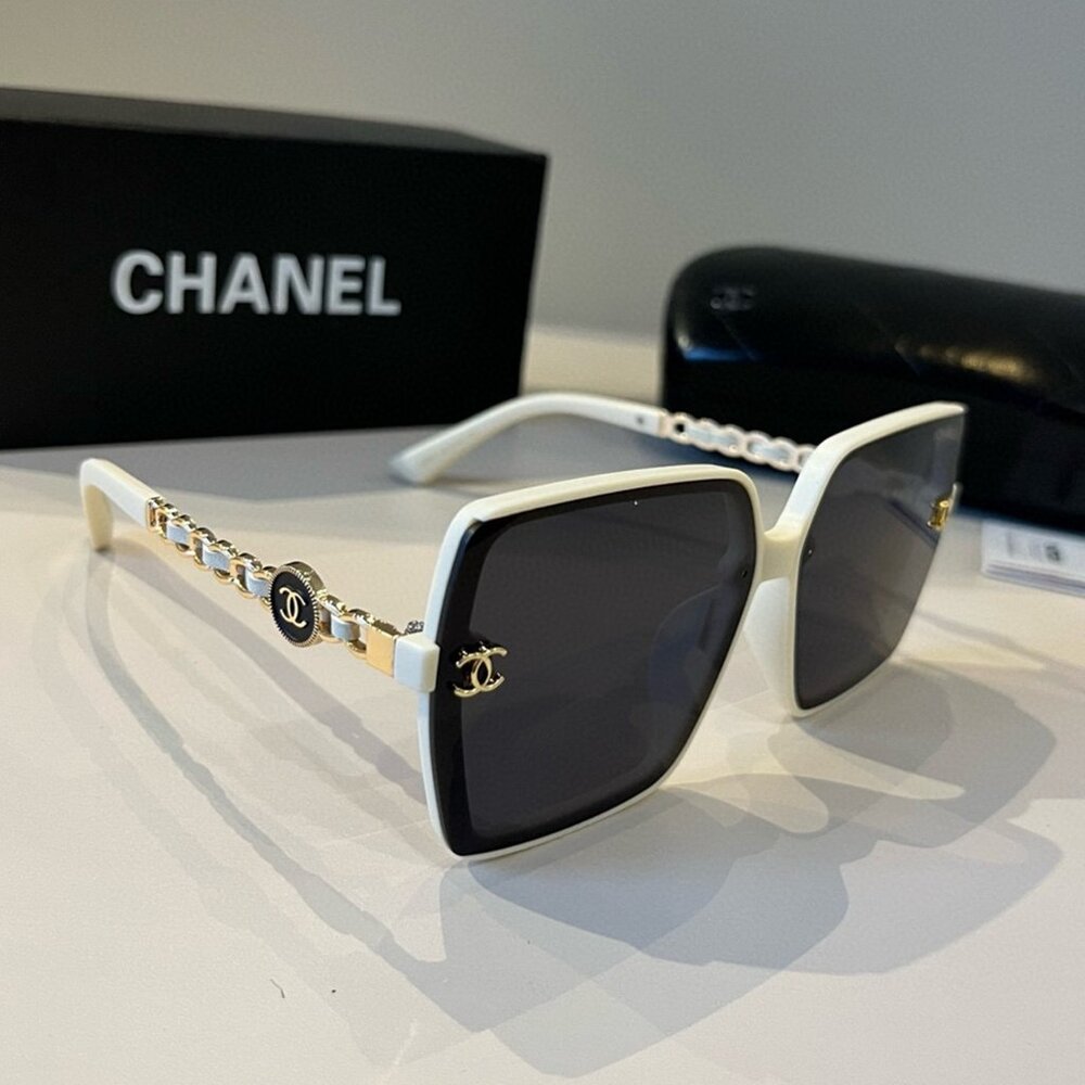CHANEL White Frame Black Lens Square Sunglasses with Gold Chain Temples